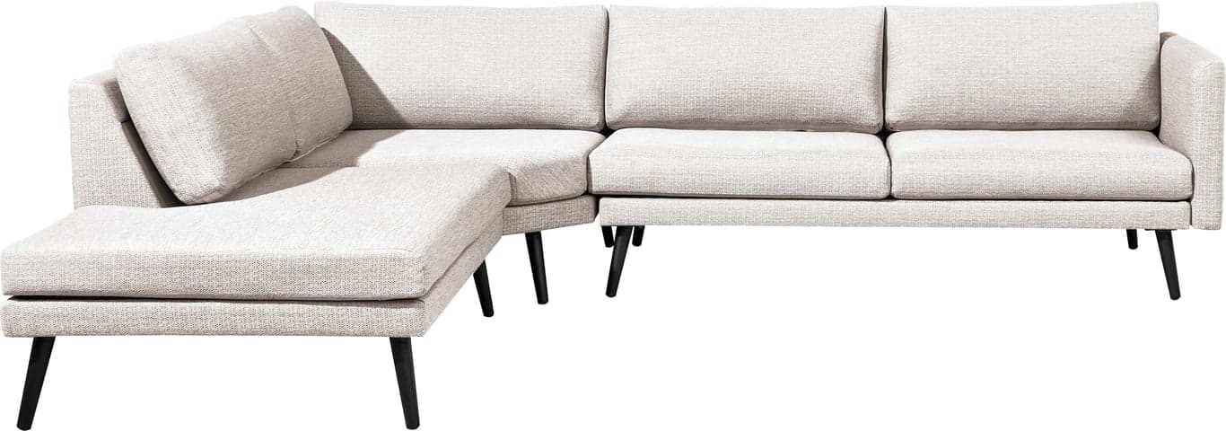 Hjørnesofa m/åpen ende til venstre sett forfra, grå m/svarte ben